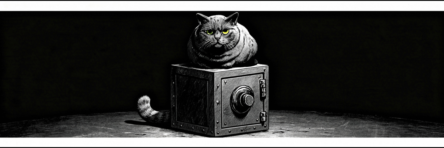 a heavy steel safe with a stubborn cat loafing on top, its tail curled at the base
